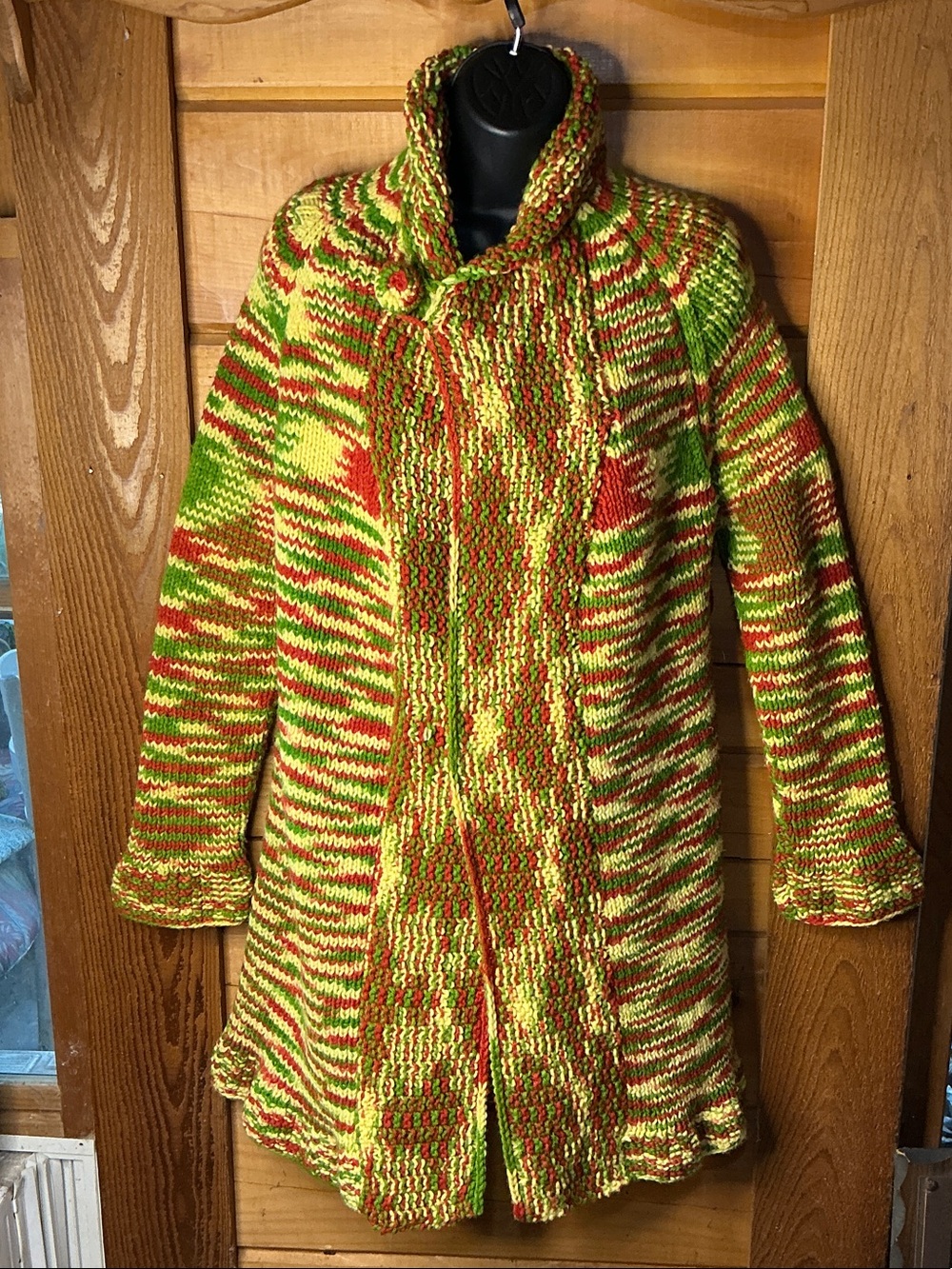 Vintage Handmade Chunky Knit Duster Cardigan Multicolor Boho Coat Size L